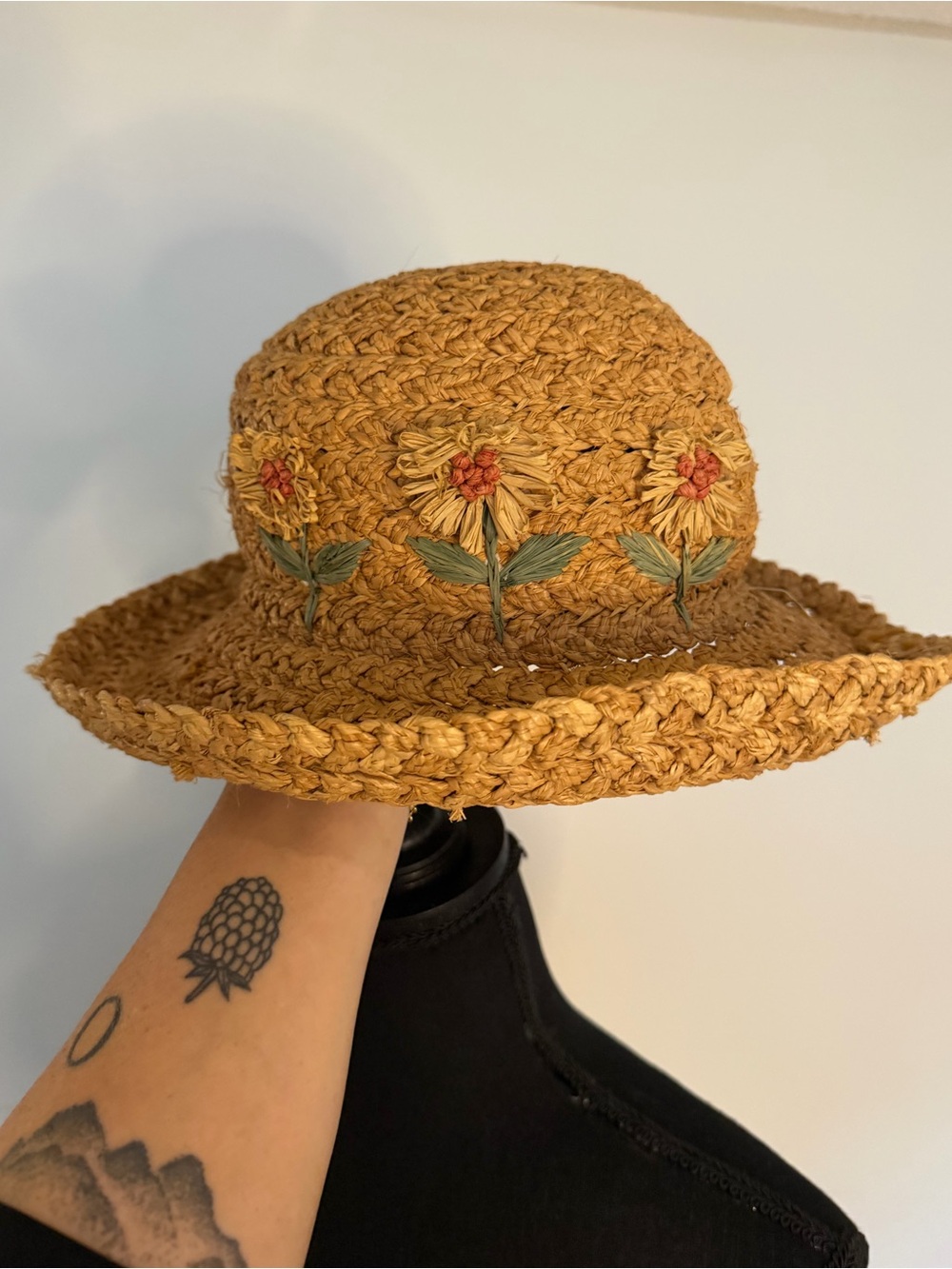 Floral Vintage 100% Natural Fiber Straw Bucket Sun Hat